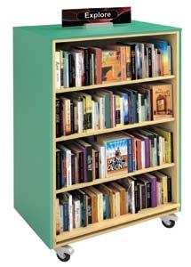 The L-shaped shelf can be reversed to showcase smaller or larger books. Shelves and carcass are neutral colours while coloured tops and end caps bring stylish contrast.
