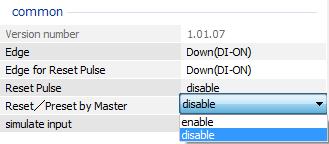 4.12.7 RESETTING/PRESETTING BY MASTER Set enable or disable for whether to reset/preset by master via network. Factory setting: disable 4.12.8 SETTING SIMULATE INPUT Choose normal input or simulate input.
