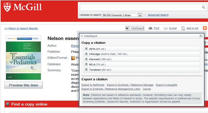 5.1.3. McGill Library Catalogue 1. Go to the McGill Library catalogue: http://mcgill.worldcat.org/ 2. Run a search and select the item you want to export to your EndNote Library. 3.