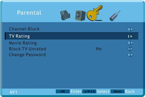 4.13 Video Input Parental Control The Parental Control menu operates in the same way for Video Inputs (Component and AV) as for the DTV / TV input in section 4.7.