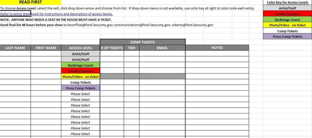 Sample Venue Access & Comp List ***For access level definitions and instructions on how to complete the Venue Access & Comp List please refer to the VENUE ACCESS & COMP LIST INSTRUCTIONS on the Ford