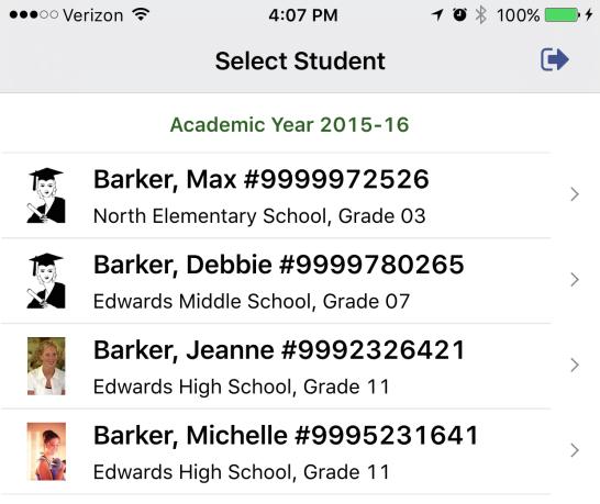 Student List View Left: ios, Right: Android If you are logging in as a parent and your household has more than one student, the first screen will be the Student List view.