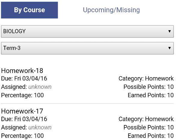 Due tomorrow: green Due today: orange Missing: red No score yet recorded (not marked missing): blue Upcoming/Missing The Upcoming/Missing view displays by default.