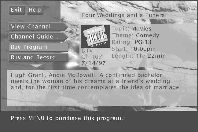 Program Guides Tuning to a Program To tune directly to a current program listed in the guide, point to the program and press MENU SELECT. To see information about a program in the guide, press INFO.