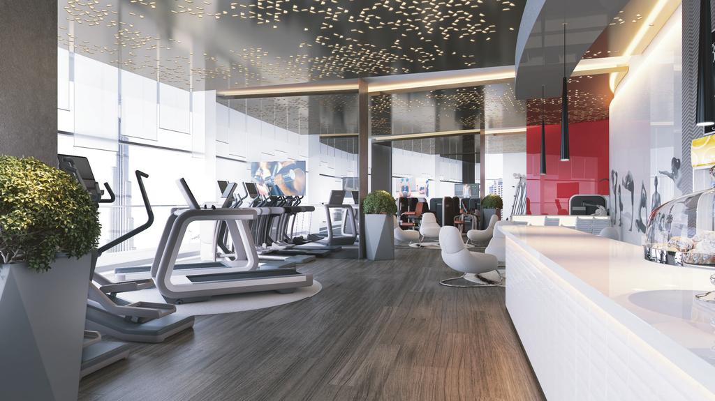 WELLNESS & FITNESS This beautifully decorated fitness center is state-of-the-art and energizing with a light-filled space provided by floor-to-ceiling windows and s t r e t c h i n g a r e a s.