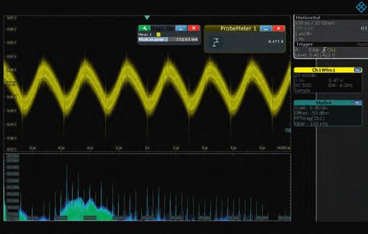 While other oscilloscopes are limited to showing a waveform view of power rails under test, the R&S ZPR20 probe additionally incorporates a high-accuracy DC voltmeter to quickly see rail values.