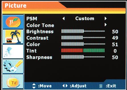 Select one of four choices STANDARD- Default brightness, contrast and color.