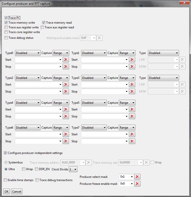 Figure 20.RTTconfiguration selection This dialog allows you to select the Trace sources and Address filter options. CPU trace can originate from up to six sources as follows: 1.