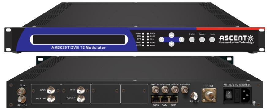 DVB-T/T2 Modulator Solution AM2020 Series 2 S/S2 tuner input TS over IP input (UDP) 10 MHz input/loop out, 1PPS input/loop out DVB-T/T2 T RF out IP (1 MPTS over UDP) mirror RF output Supports MISO