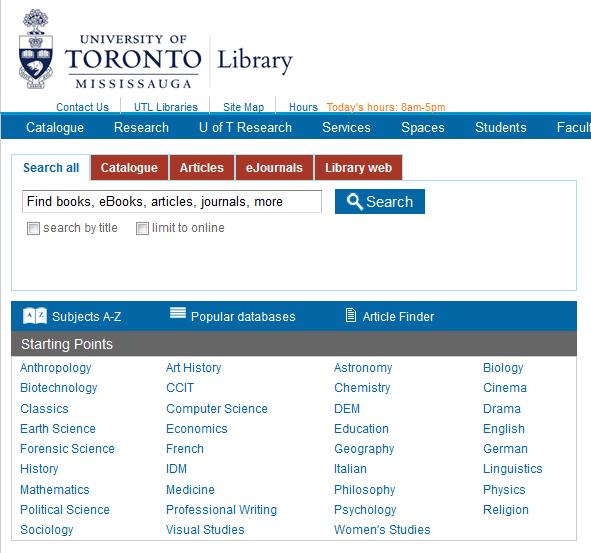 From the U of T Mississauga Library website, go to the Starting Points, and click on the Geography