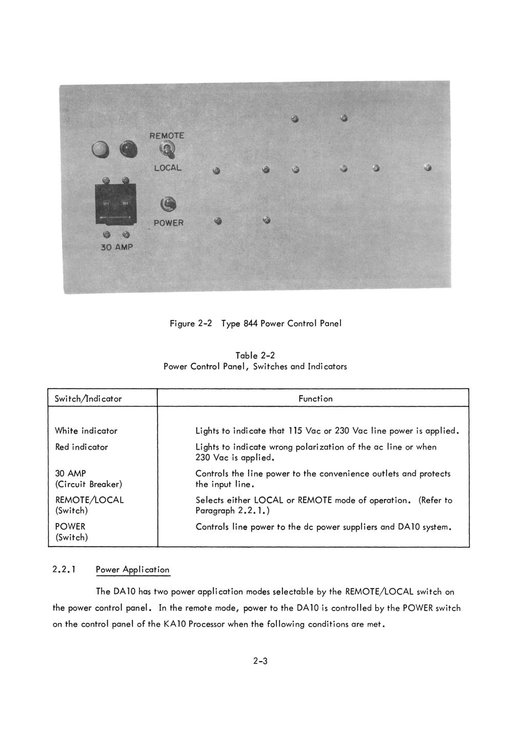 Figure 2-2 Type 844 Power Control Panel Table 2-2 Power Control Panel, Switches and ndi cators Swi tch/ndi cator Function White indicator Red i ndi cator 30 AMP (Circuit Breaker) REMOTE/LOCAL