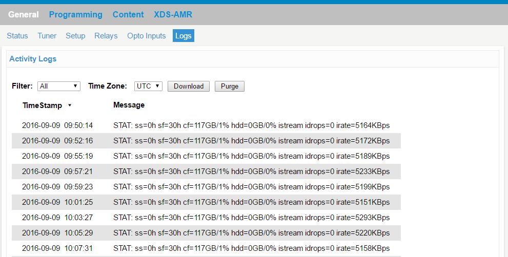 4.1.6 Logs Tab The Logs Tab presents the receiver activity logs. It shows all core transactions the receiver is performing. The user can select to display the logs in UTC or local time.