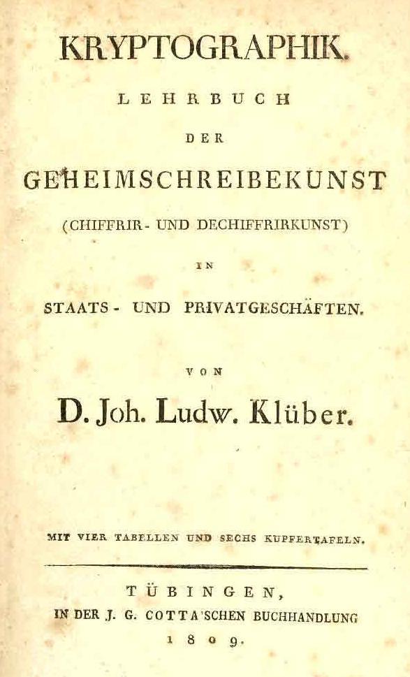 Figure 3: First page of Klüber Book Most of the cryptography record consists of typed excerpts from different sections of the Klüber book.