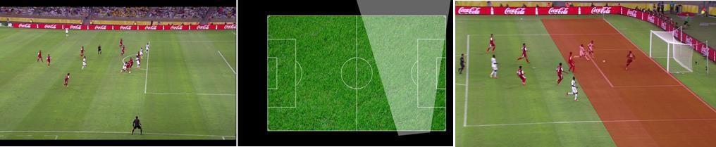 Figure 6 the automatic calibration creates a link between the camera image and a 2D layout of the pitch. The last image shows how an offside live is then drawn with the right perspective.