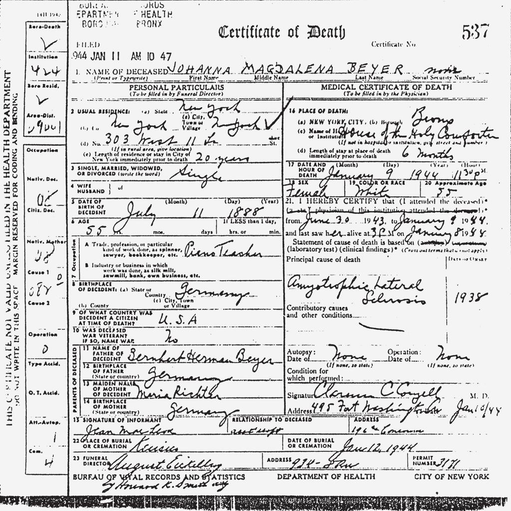 johanna beyer Introduction 4 Beyer s death certificate, filed January 11, 1944, Department of Health, Borough of the Bronx, New York.