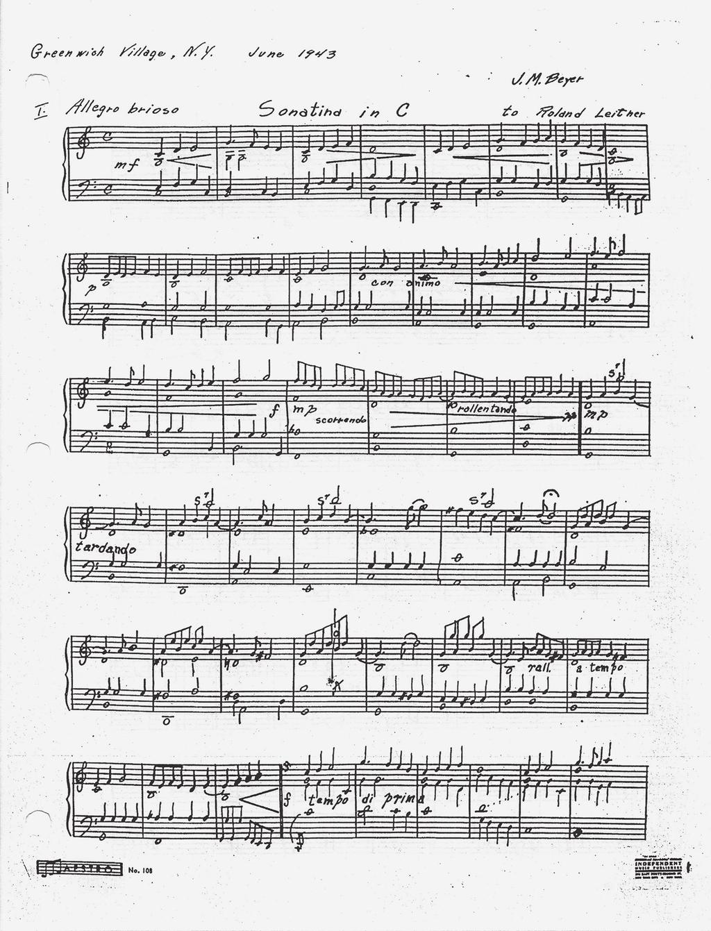 Sonatina in C (1943), excerpt, piano; manuscript held in the