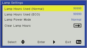 User Controls Options Lamp Settings Lamp Hours Used (Normal) Display the projection time of normal mode. Lamp Hours Used (ECO) Display the projection time of ECO mode.